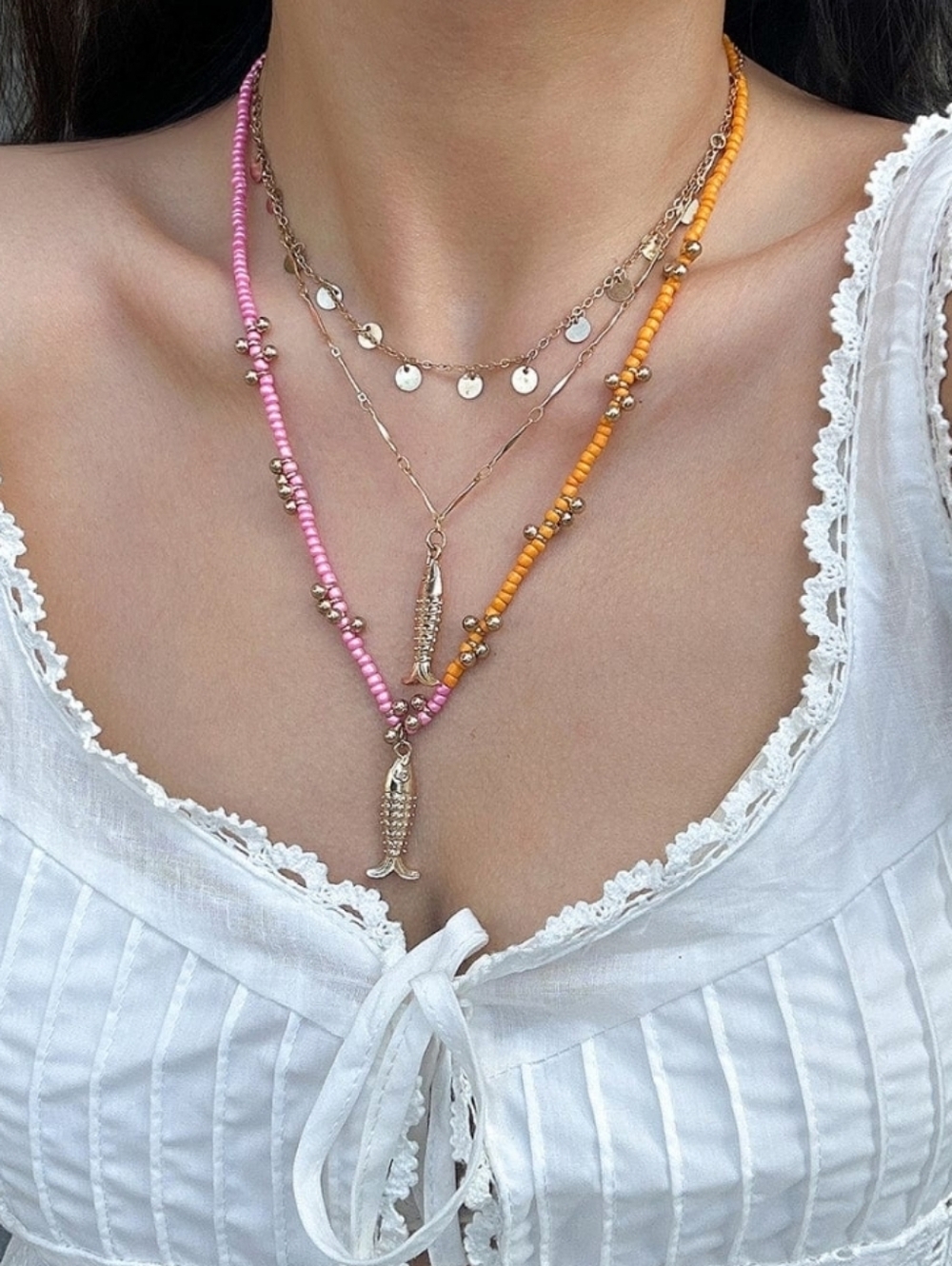 New! Layered Fish Pendant Sequin Tassel Beaded Necklace Set 4 Pc 1025 • NWOT